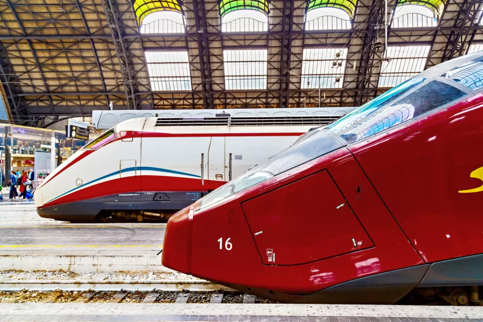 A high-speed Trenitalia Frecciarossa (red arrow) train, pictured at the Milan Central Station.